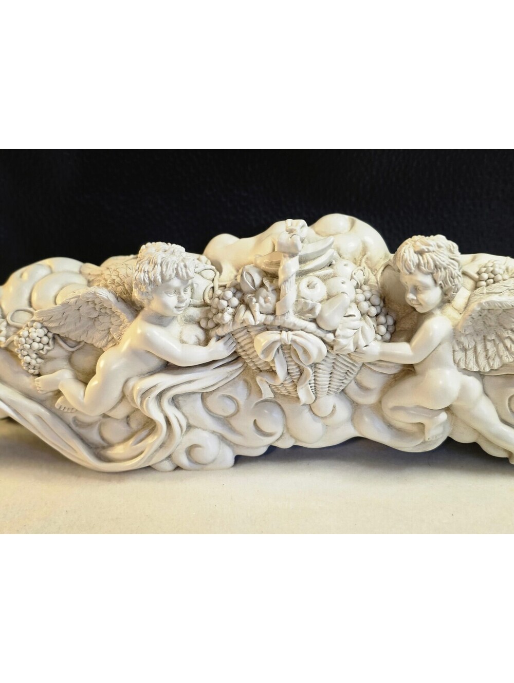 Large Ivory Resin Cherub Angel Fruit Basket Wall Plaque 21.25โ Rococo Decor